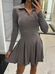 Solid color waist long sleeve lapel ruffle dress