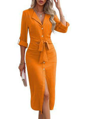 Solid color lapel waist tie slit shirt dress