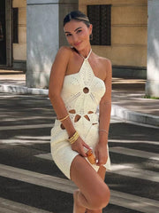 Fashionable slim sexy halter neck hollow waist knitted irregular dress