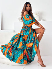 Sexy deep V multi-color printed slit dress with three-quarter sleeves