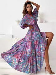 Sexy deep V multi-color printed slit dress with three-quarter sleeves