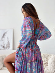 Sexy deep V multi-color printed slit dress with three-quarter sleeves