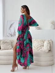 Sexy deep V multi-color printed slit dress with three-quarter sleeves