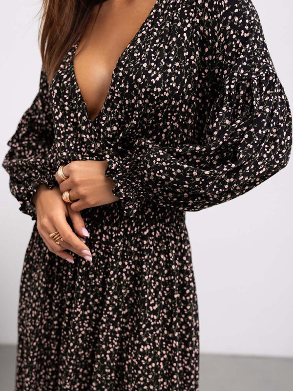 Women's Printed V-Neck Sexy Slit Long Sleeve Dress