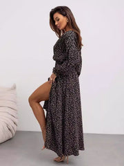 Women's Printed V-Neck Sexy Slit Long Sleeve Dress