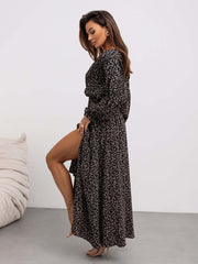 Women's Printed V-Neck Sexy Slit Long Sleeve Dress