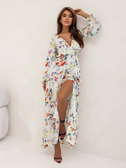 Women's Printed V-Neck Sexy Slit Long Sleeve Dress