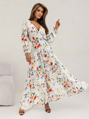 Women's Printed V-Neck Sexy Slit Long Sleeve Dress