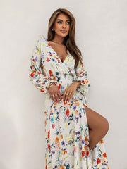 Women's Printed V-Neck Sexy Slit Long Sleeve Dress