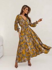 Women's Printed V-Neck Sexy Slit Long Sleeve Dress