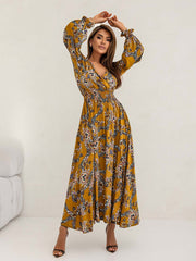 Women's Printed V-Neck Sexy Slit Long Sleeve Dress