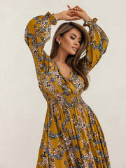 Women's Printed V-Neck Sexy Slit Long Sleeve Dress