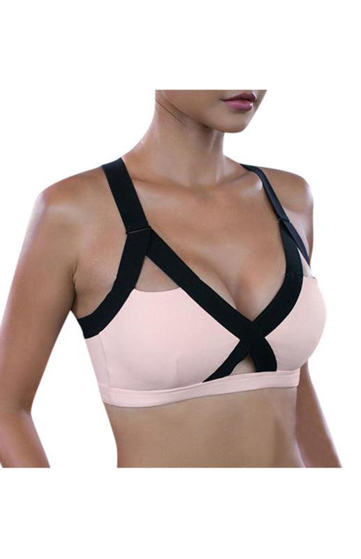 Color Contrast Sexy Cross Elastic Sports Bra - 808Lush