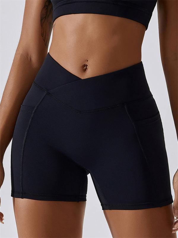 Women's Naked Hip Pocket Crossover Waist Leggings Sports Shorts - 808Lush