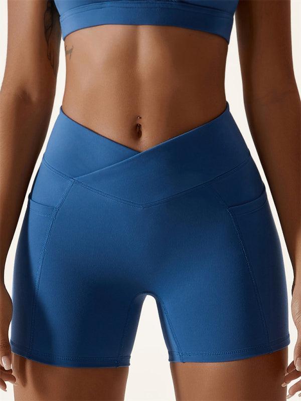 Women's Naked Hip Pocket Crossover Waist Leggings Sports Shorts - 808Lush