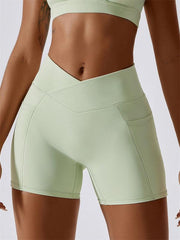 Women's Naked Hip Pocket Crossover Waist Leggings Sports Shorts - 808Lush