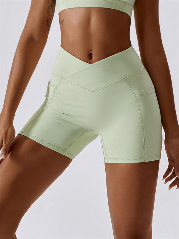 Women's Naked Hip Pocket Crossover Waist Leggings Sports Shorts - 808Lush