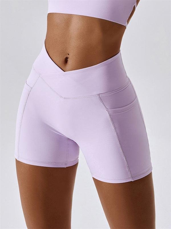 Women's Naked Hip Pocket Crossover Waist Leggings Sports Shorts - 808Lush