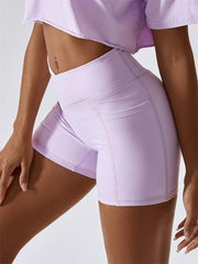 Women's Naked Hip Pocket Crossover Waist Leggings Sports Shorts - 808Lush