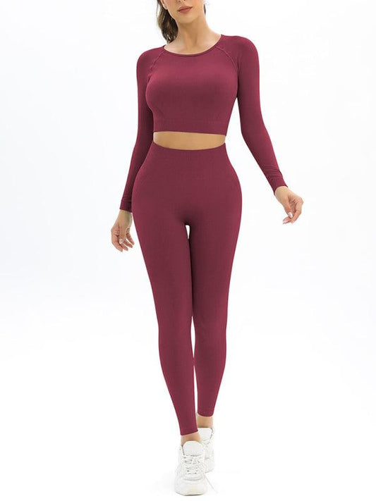 Women's seamless body-fitting beautiful back high elastic long-sleeved sports two-piece suit - 808Lush