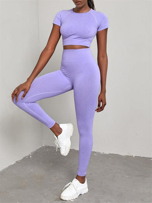 Women's Solid Color Seamless Exercise Yoga Short Sleeve + Pants Two-Piece Suit - 808Lush