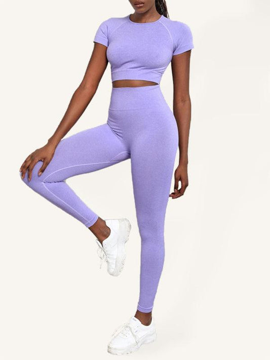 Women's Solid Color Seamless Exercise Yoga Short Sleeve + Pants Two-Piece Suit - 808Lush
