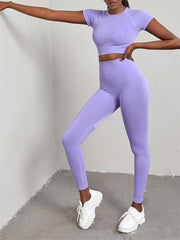 Women's Solid Color Seamless Exercise Yoga Short Sleeve + Pants Two-Piece Suit - 808Lush