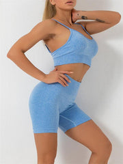 Women's Solid Color Seamless Camisole Yoga Sports Bra + Shorts Two-Piece Set - 808Lush