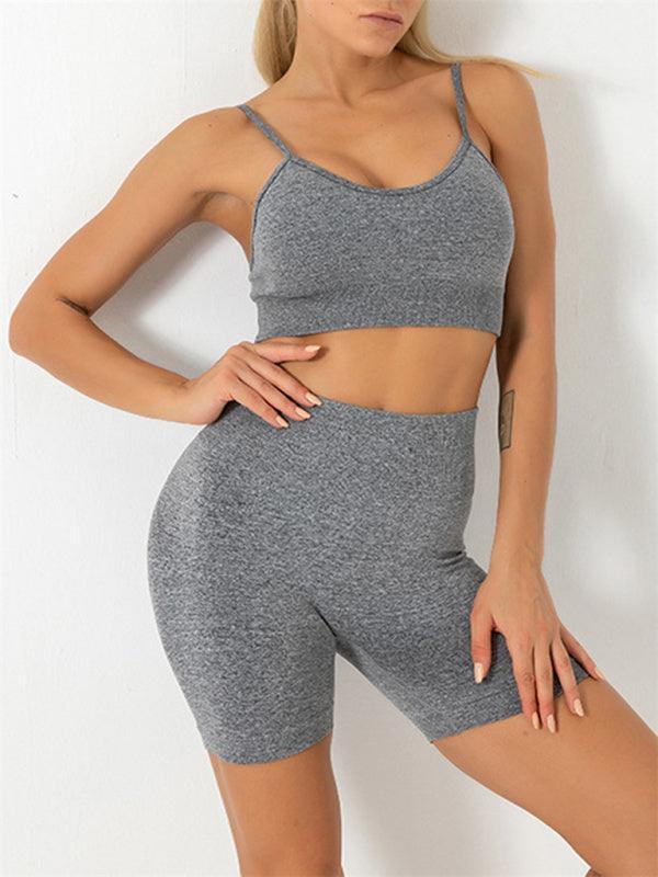 Women's Solid Color Seamless Camisole Yoga Sports Bra + Shorts Two-Piece Set - 808Lush