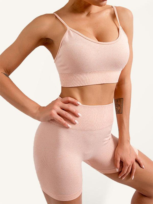 Women's Solid Color Seamless Camisole Yoga Sports Bra + Shorts Two-Piece Set - 808Lush