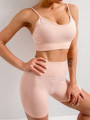 Women's Solid Color Seamless Camisole Yoga Sports Bra + Shorts Two-Piece Set - 808Lush