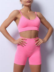 Women's Solid Color Seamless Camisole Yoga Sports Bra + Shorts Two-Piece Set - 808Lush