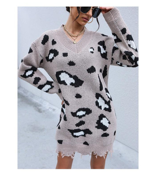 Knit Long Sleeve V-Neck Shabby Leopard Sweater Dress - 808Lush