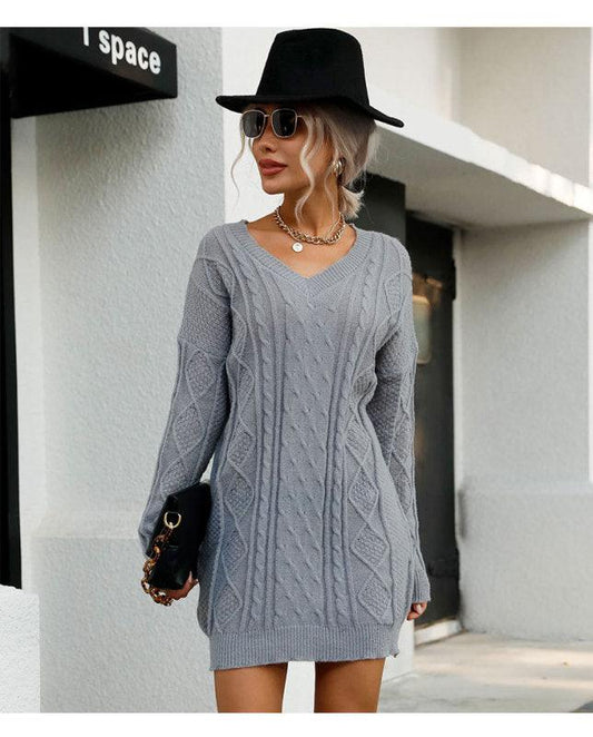 Casual Solid Color Long Sleeve V-Neck Grey Sweater Dress - 808Lush