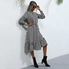 Retro women's striped long -sleeved high -neck dress in the long style - 808Lush