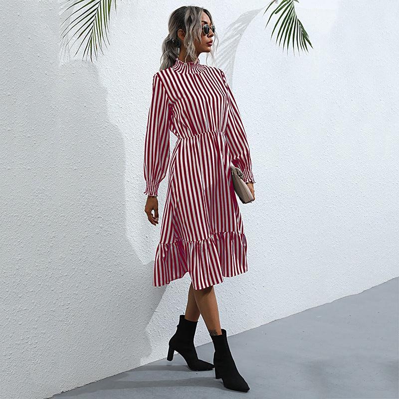 Retro women's striped long -sleeved high -neck dress in the long style - 808Lush