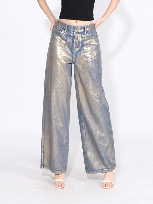 Women's shiny layered loose denim trousers - 808Lush