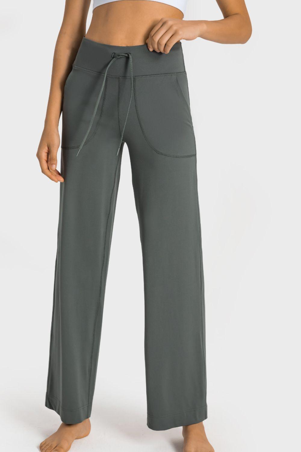 Drawstring Waist Wide Leg Sports Pants with Pockets - 808Lush