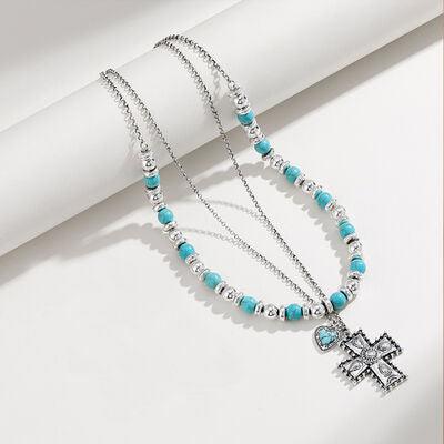 Artificial Turquoise Beaded Double-Layered Cross Necklace - 808Lush