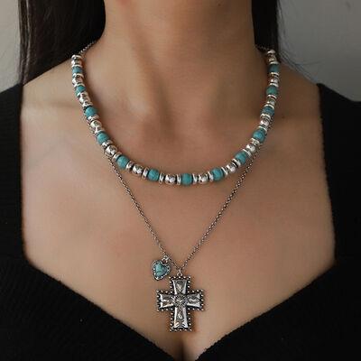 Artificial Turquoise Beaded Double-Layered Cross Necklace - 808Lush