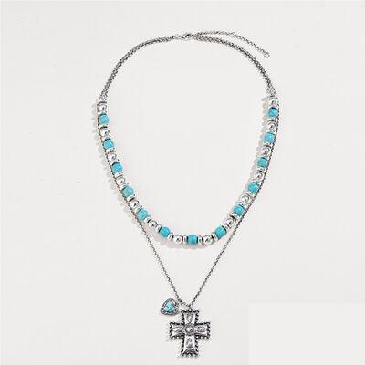 Artificial Turquoise Beaded Double-Layered Cross Necklace - 808Lush