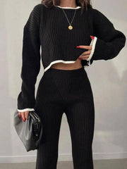 Autumn and winter contrasting color sweater slit elastic waist wide-leg pants two-piece set - 808Lush