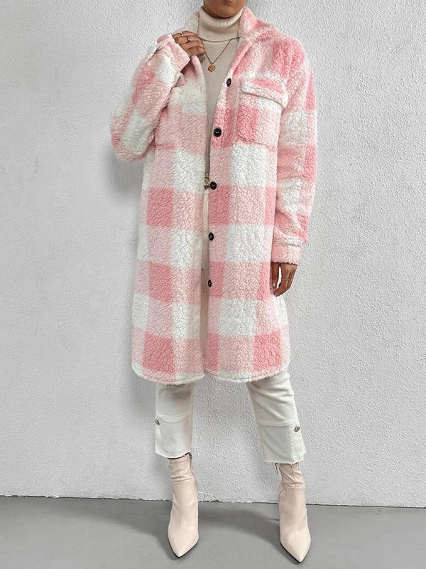 Autumn and winter open buckle lapel plush plaid coat loose temperament commuter long coat - 808Lush