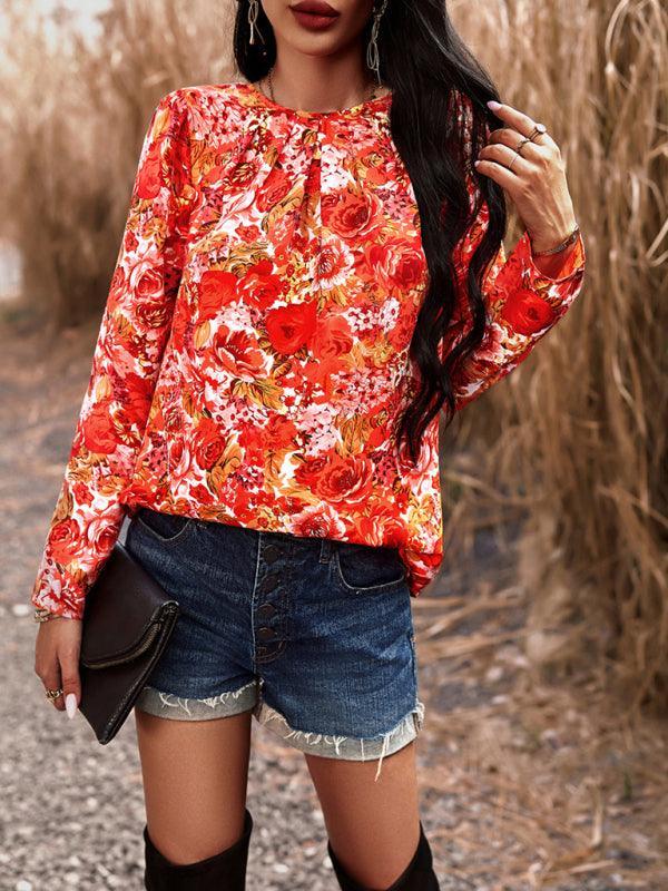 Casual Printed Round Neck Long Sleeve Top - 808Lush