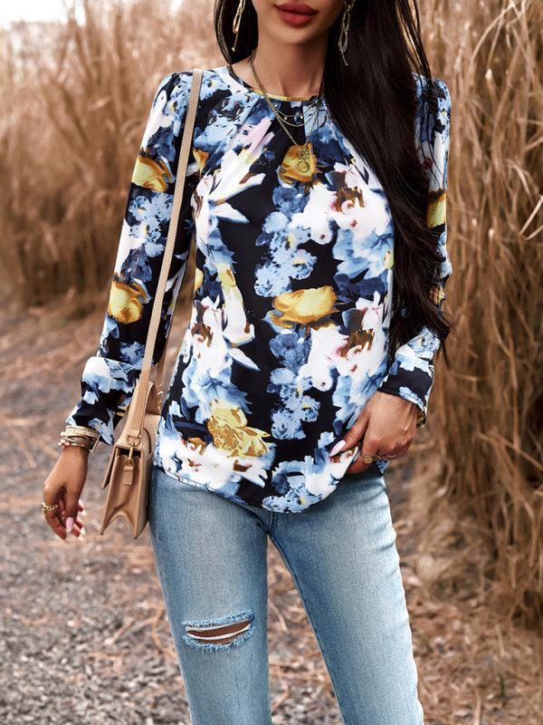 Casual Printed Round Neck Long Sleeve Top - 808Lush