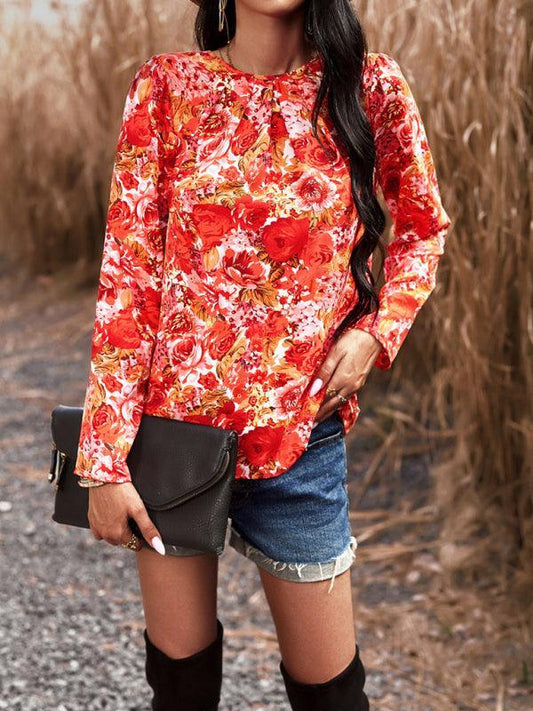 Casual Printed Round Neck Long Sleeve Top - 808Lush