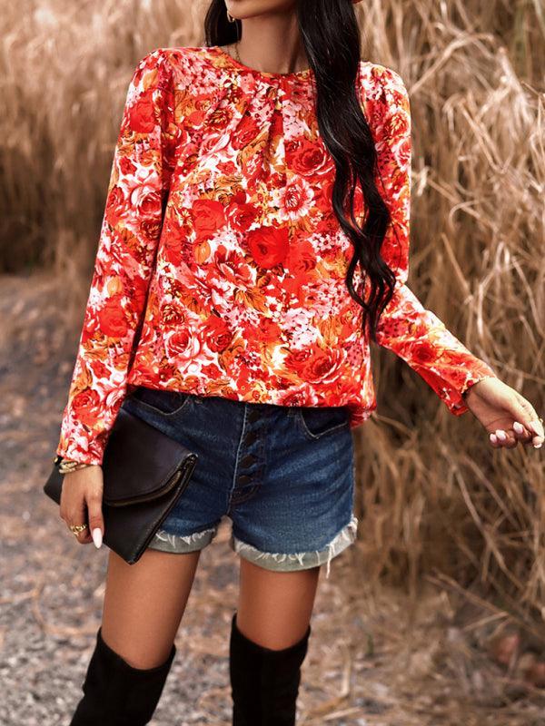 Casual Printed Round Neck Long Sleeve Top - 808Lush