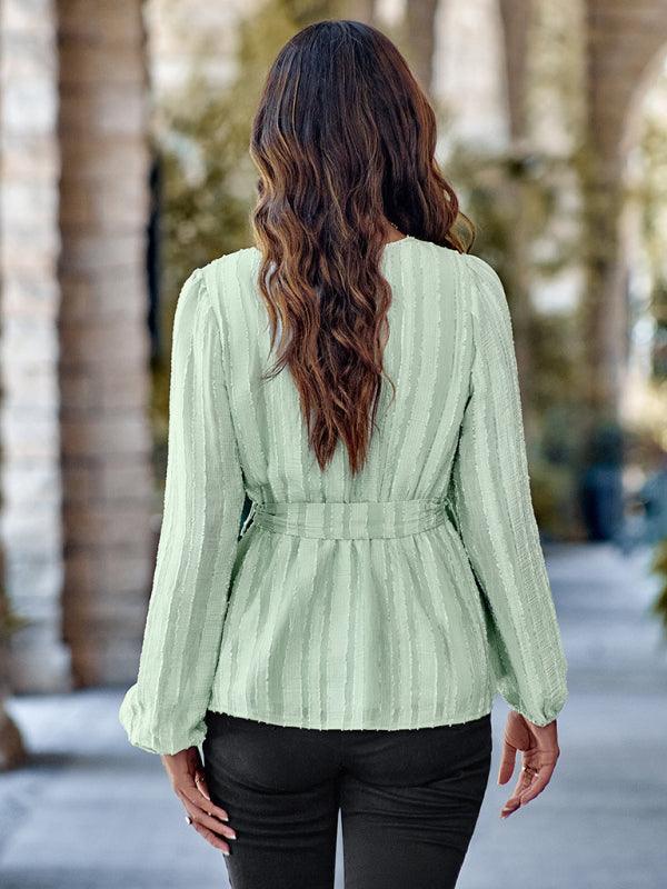 Casual V-neck tied waist slim long sleeves - 808Lush