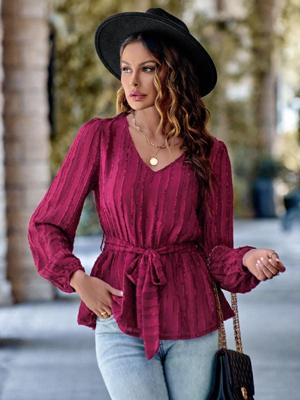 Casual V-neck tied waist slim long sleeves - 808Lush