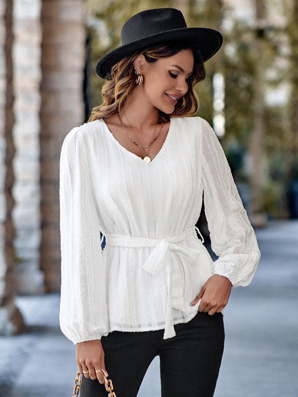 Casual V-neck tied waist slim long sleeves - 808Lush